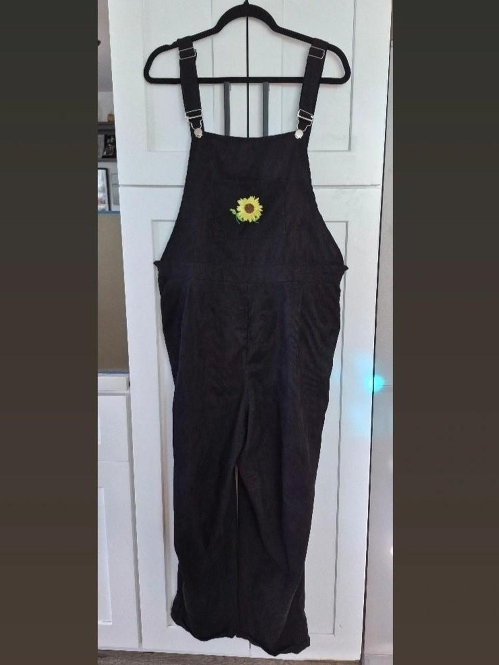 Black Overalls with Sunflower Embroidered Patch